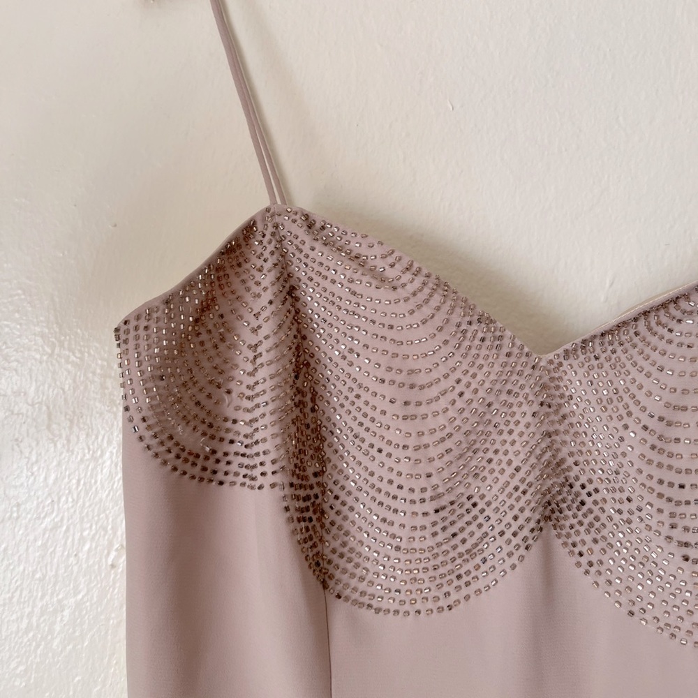 🔶 Body-con dress, spaghetti strap, taupe with embellishments, size 8.🔶